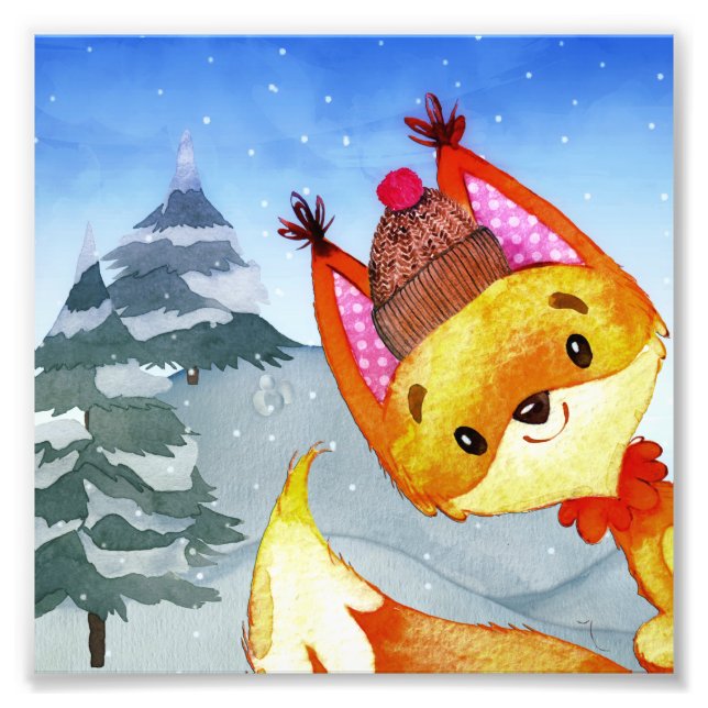 Winter Forest Woodland Friends Fox Illustration Photo Print (Front)