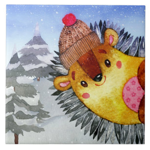 Winter Forest Woodland Friends Hedgehog Drawing Ceramic Tile