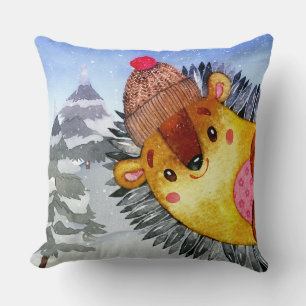Winter Forest Woodland Friends Hedgehog Drawing Cushion