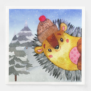 Winter Forest Woodland Friends Hedgehog Drawing Napkin