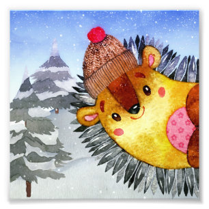 Winter Forest Woodland Friends Hedgehog Drawing Photo Print
