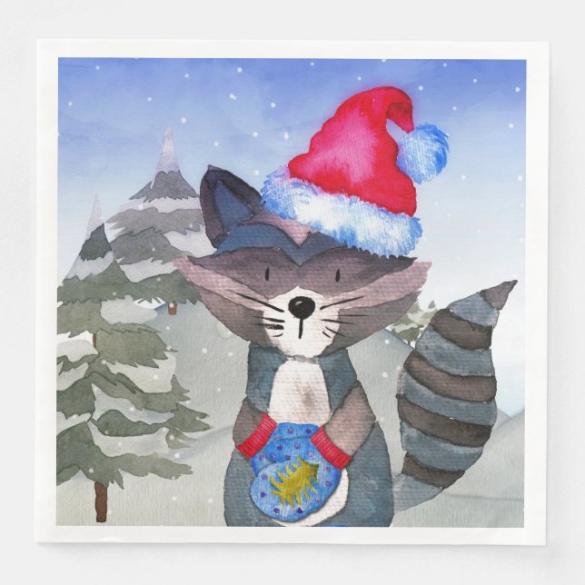 Winter Forest Woodland Friends Racoon Illustration Napkin (Front)