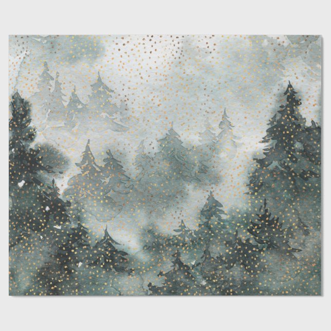 Winter Forest Woodland Golden Snowfall Wrapping Paper (Flat)