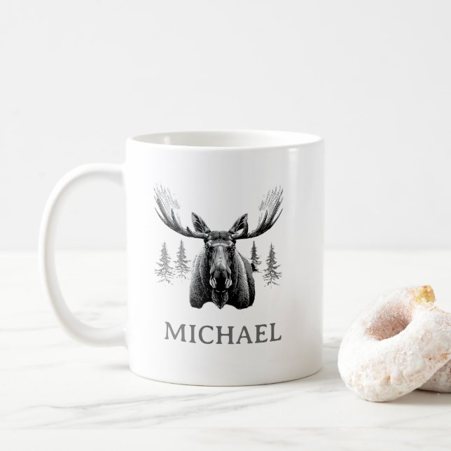 Winter Forest Woodland Moose Personalized   Coffee Mug (With Donut)