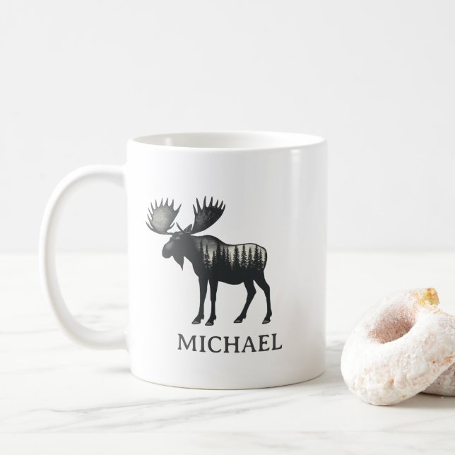 Winter Forest Woodland Moose Personalized   Coffee Mug (With Donut)