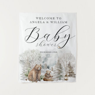 Winter Forest Woodland Rustic Baby Shower Welcome Tapestry