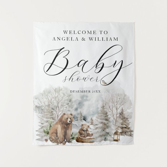 Winter Forest Woodland Rustic Baby Shower Welcome Tapestry (Front)