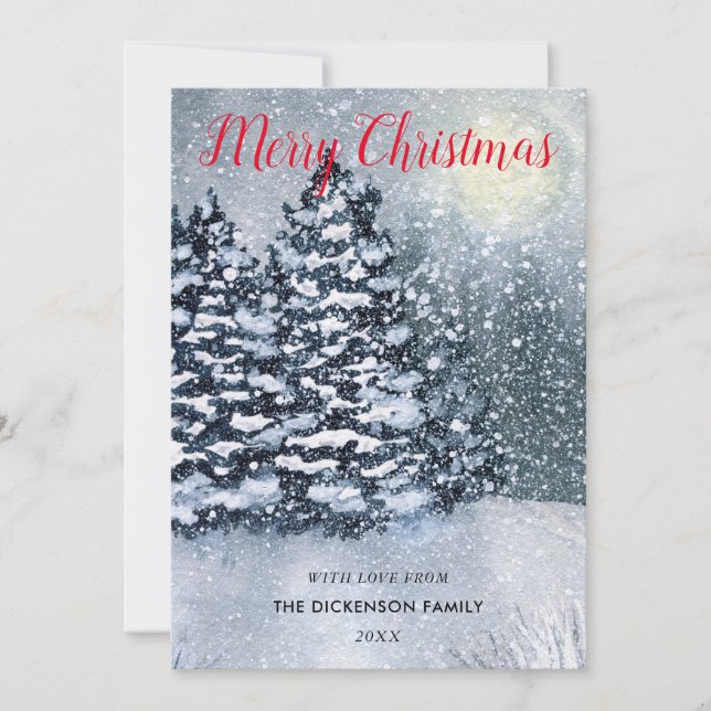 Winter ForestSnow Covered Pine Trees Holiday Card (Front)