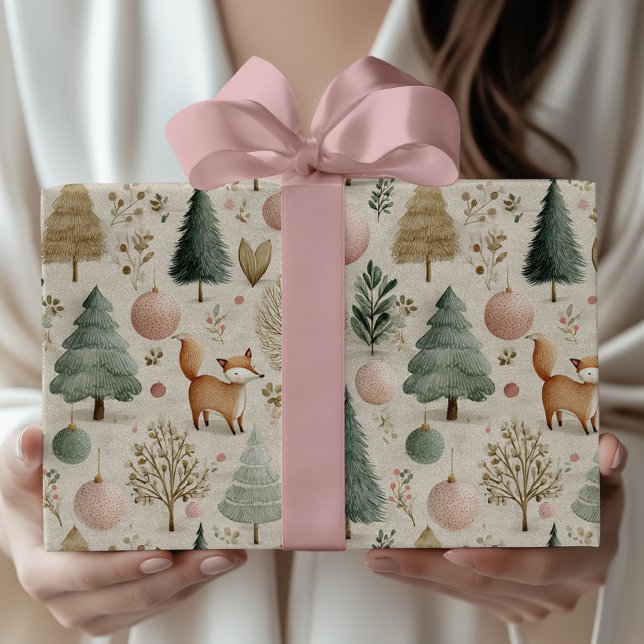 Winter Fox and Christmas Tree with Pastel Ornament Wrapping Paper (Creator Uploaded)