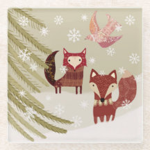 Winter Fox and Dove Glass Coaster