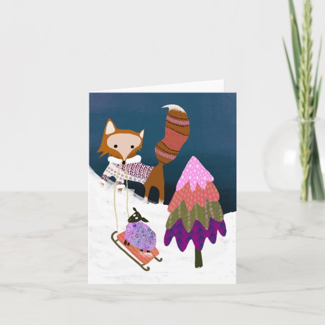 Winter Fox and Sheep Friends BLANK Greeting Card (Front)