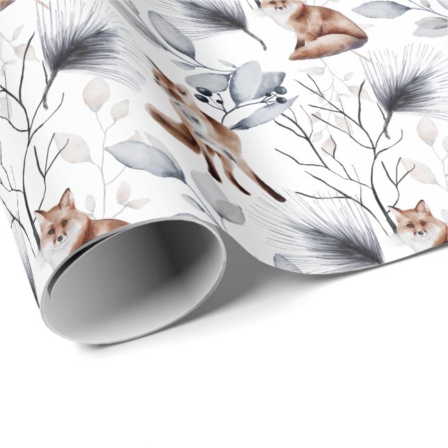 Winter Fox Botanical Watercolor Wrapping Paper (Roll Corner)