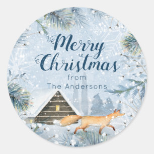 Winter Fox Cabin Snow Personalised Christmas Classic Round Sticker
