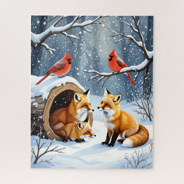 Winter Fox Family with Cardinals in Snowy Forest Jigsaw Puzzle (Vertical)