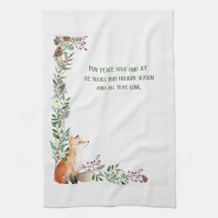 Winter Fox Holiday Foliage Frame Christmas Tea Towel