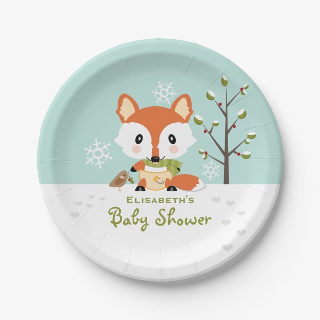 Winter Fox in Diapers Baby Shower Paper Plate (Front)