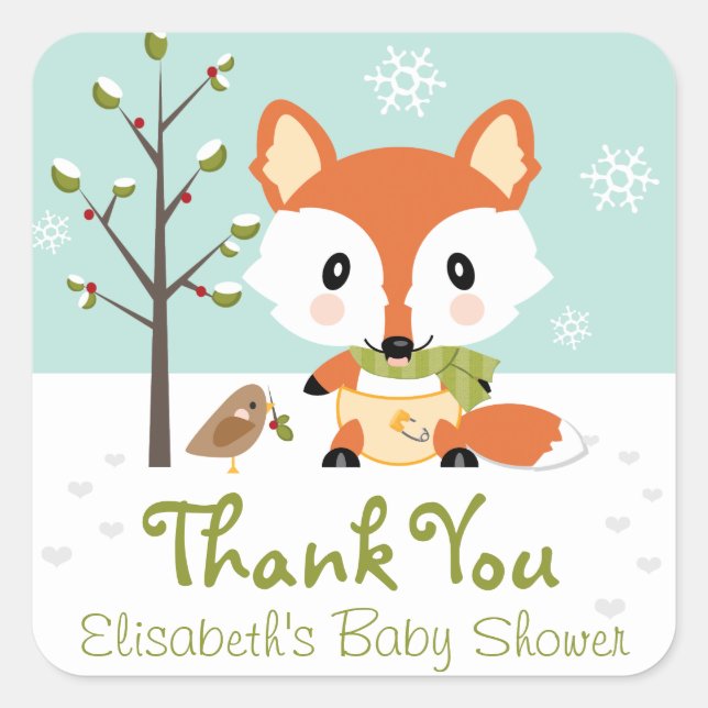 WINTER FOX IN DIAPERS BABY SHOWER THANK YOU SQUARE STICKER (Front)