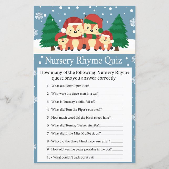 Winter fox Nursery Rhyme Quiz baby shower game (Front)