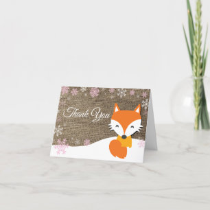 Winter Fox Snowflake Pink Burlap Thank You Card