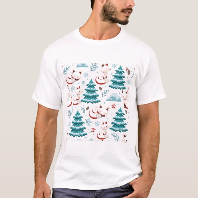 Winter Fox Snowy Pine Christmas Pattern T-Shirt (Front)