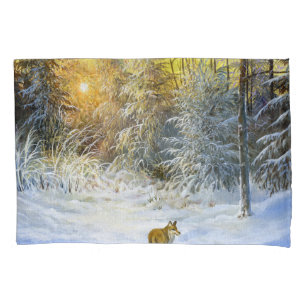 Winter Fox Sunset Landscape. Pillowcase