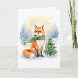 Winter Fox with Green Scarf and Christmas Tree Card