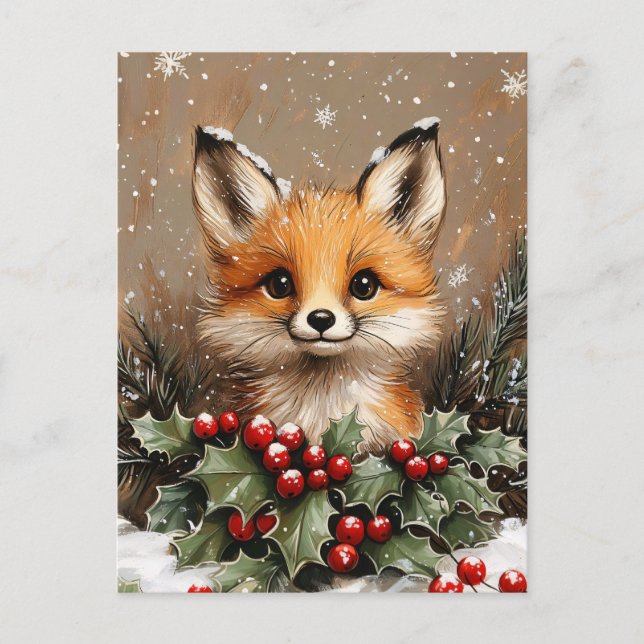 Winter Fox with Holly and Snowy Pine Postcard (Front)