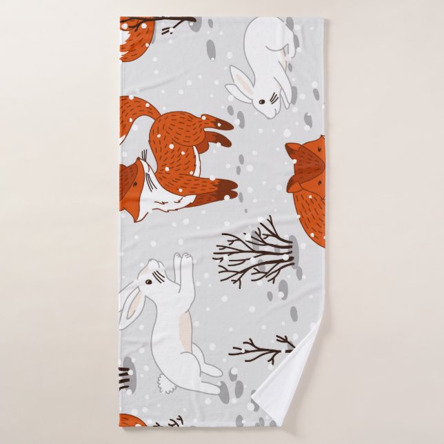 Winter Foxes Bunny Seamless Pattern Bath Towel (Bath Towel)