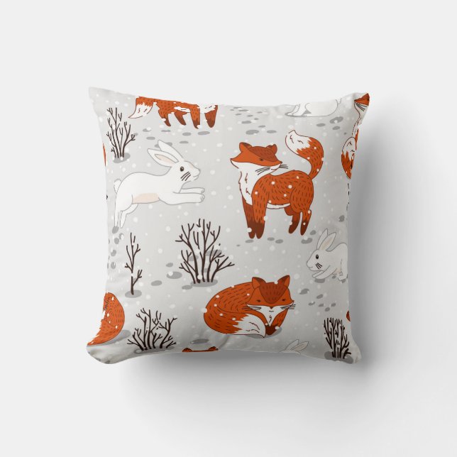 Winter Foxes Bunny Seamless Pattern Cushion (Front)