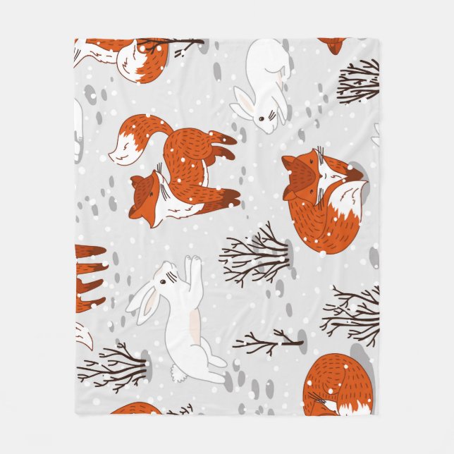 Winter Foxes Bunny Seamless Pattern Fleece Blanket (Front)