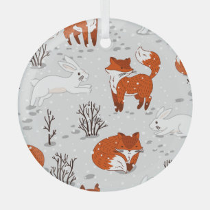 Winter Foxes Bunny Seamless Pattern Glass Tree Decoration