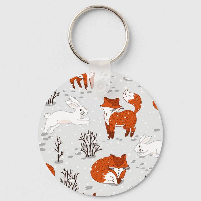 Winter Foxes Bunny Seamless Pattern Key Ring (Front)