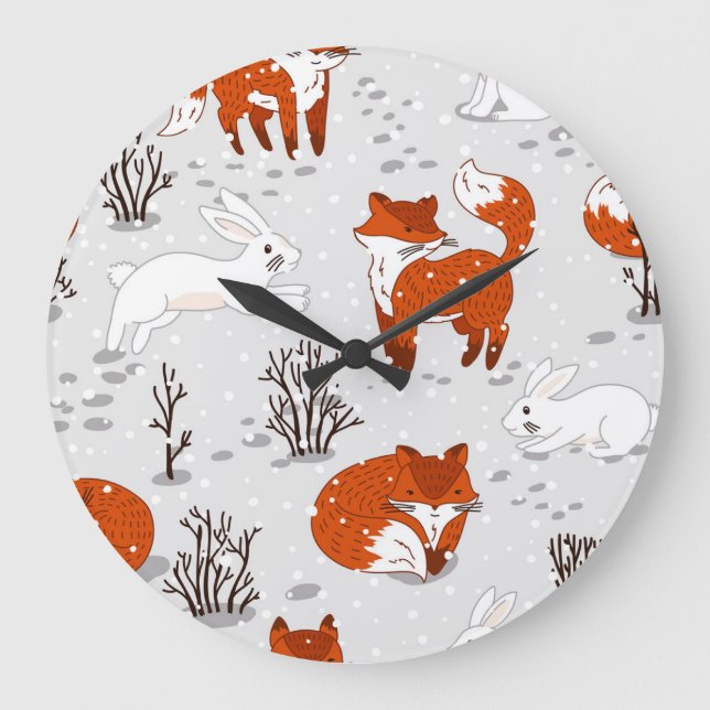 Winter Foxes Bunny Seamless Pattern Large Clock (Front)