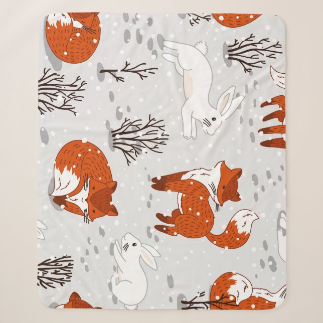 Winter Foxes Bunny Seamless Pattern Sherpa Blanket (Front)