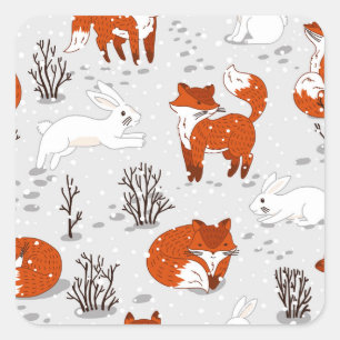 Winter Foxes Bunny Seamless Pattern Square Sticker