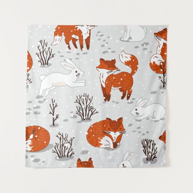 Winter Foxes Bunny Seamless Pattern Tapestry (Front)