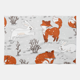 Winter Foxes Bunny Seamless Pattern Tea Towel
