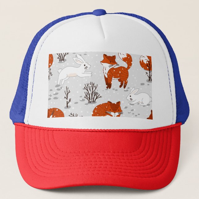Winter Foxes Bunny Seamless Pattern Trucker Hat (Front)