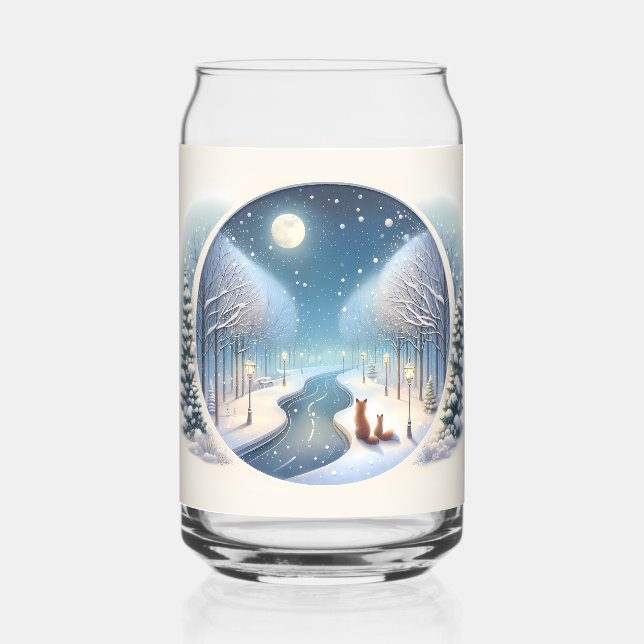 Winter Foxes by Moonlit Snowy River Can Glass (Front)