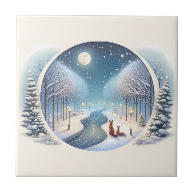 Winter Foxes by Moonlit Snowy River Ceramic Tile (Front)