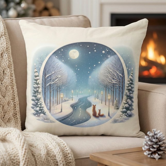Winter Foxes by Moonlit Snowy River Cushion (Winter Foxes by Moonlit Snowy River Throw Pillow Mockup A)