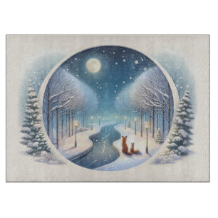 Winter Foxes by Moonlit Snowy River Cutting Board