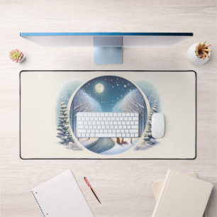 Winter Foxes by Moonlit Snowy River Desk Mat