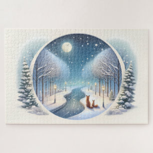 Winter Foxes by Moonlit Snowy River Jigsaw Puzzle
