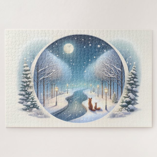 Winter Foxes by Moonlit Snowy River Jigsaw Puzzle (Horizontal)