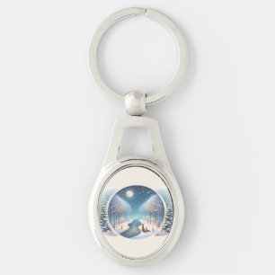Winter Foxes by Moonlit Snowy River Key Ring