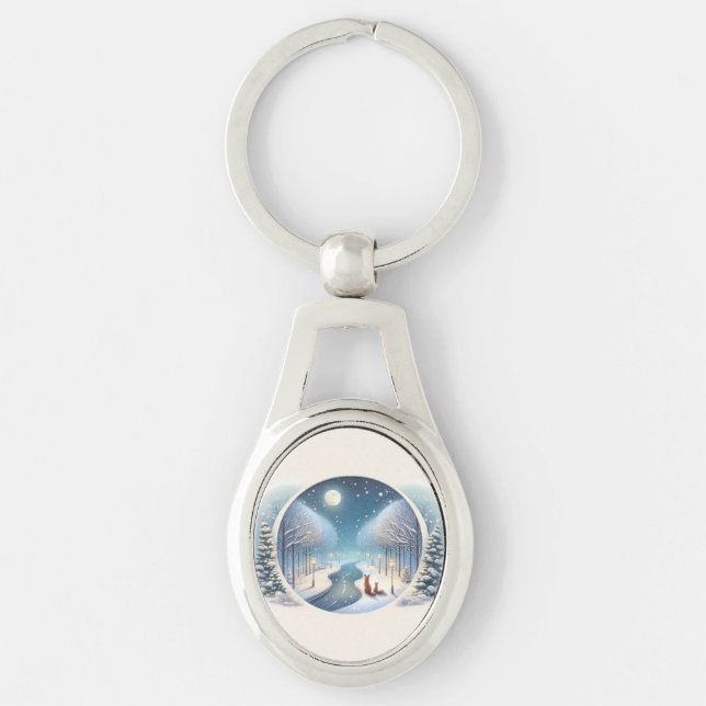 Winter Foxes by Moonlit Snowy River Key Ring (Front)