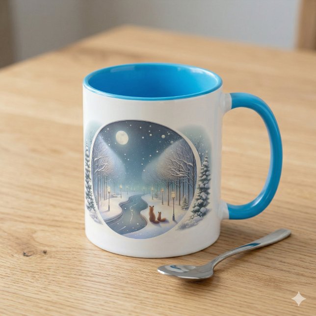 Winter Foxes by Moonlit Snowy River Mug (Winter Foxes by Moonlit Snowy River Mug)