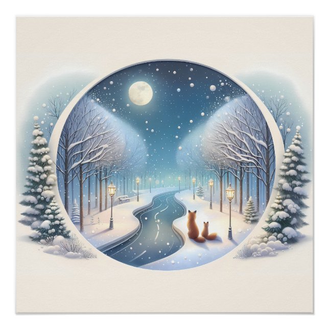 Winter Foxes by Moonlit Snowy River Poster (Front)