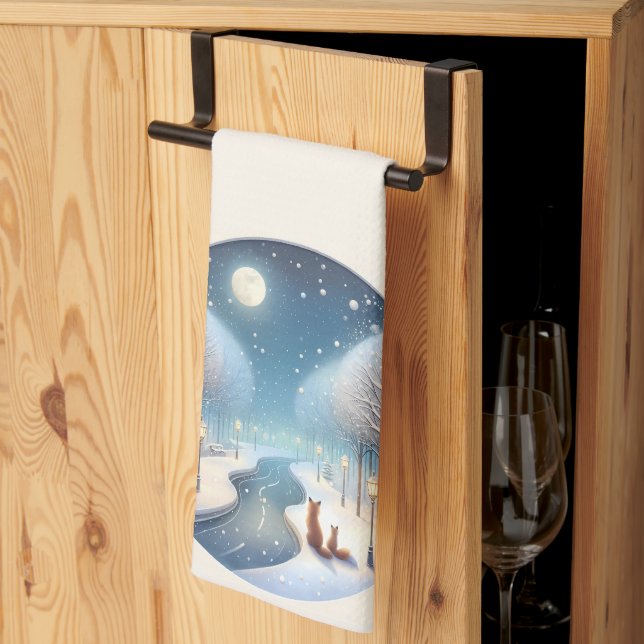 Winter Foxes by Moonlit Snowy River Tea Towel (Thirds Fold)